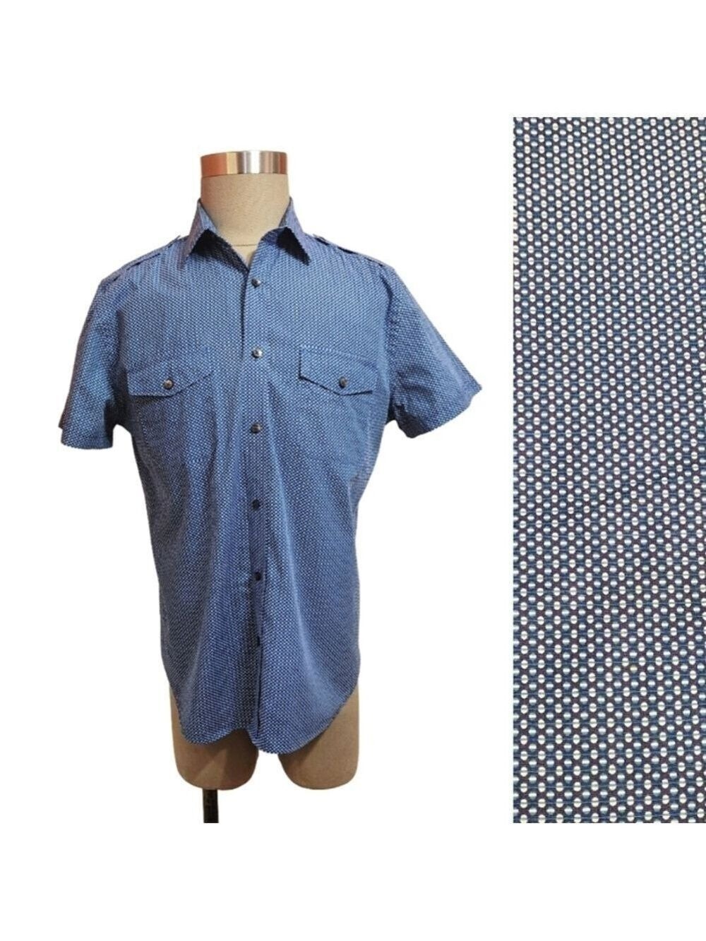 Express Blue Dot Print Button Front Shirt Large 16 16.5